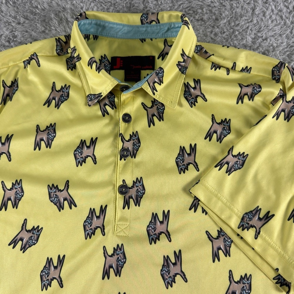 Jamie Sadock Mens XL Golf Polo Shirt Yellow Wolf Dog Graphic Print Performance